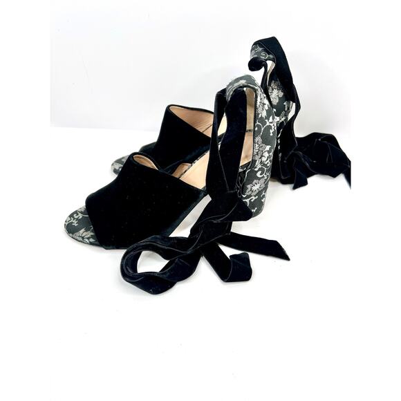 LEWIT Women's Size 9 Black Floral Velvet Tie Wrap Open Toe Block Heels Shoes - Picture 8 of 14